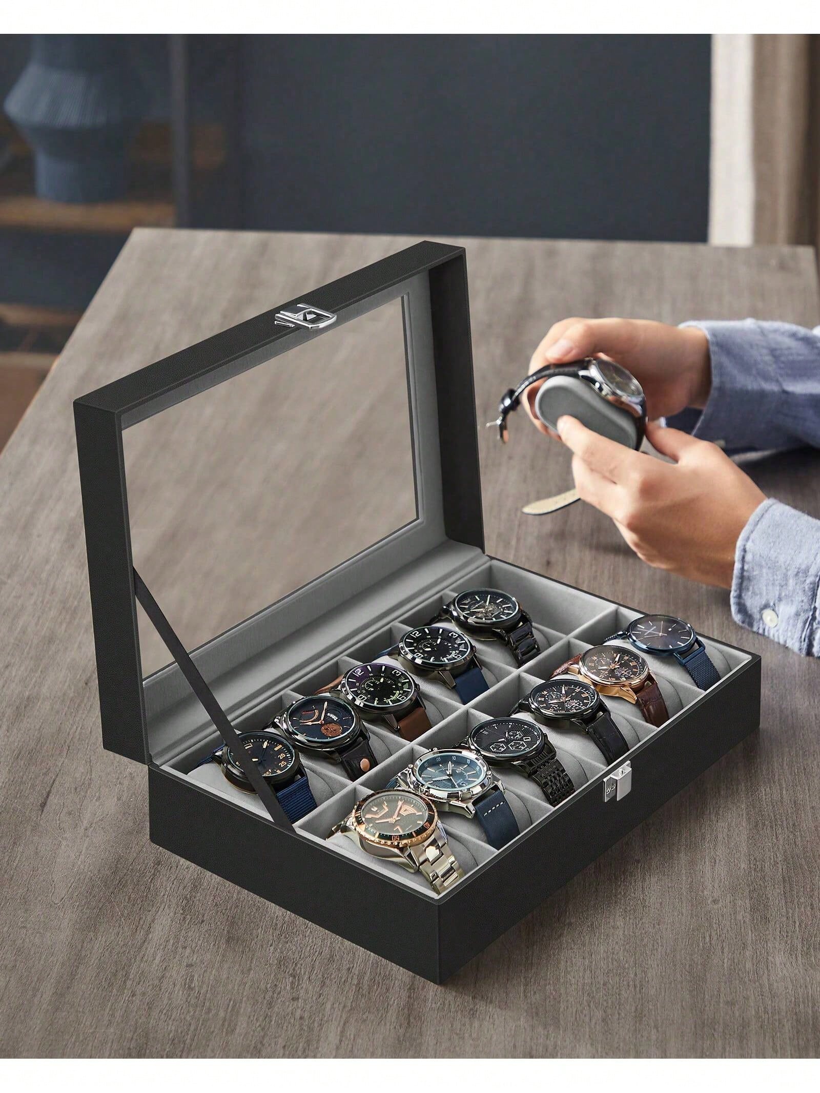 유리 뚜껑과 서랍이 있는 12슬롯 잠금식 시계 상자,  - Jewelry Watches Box 리뷰 및 가격